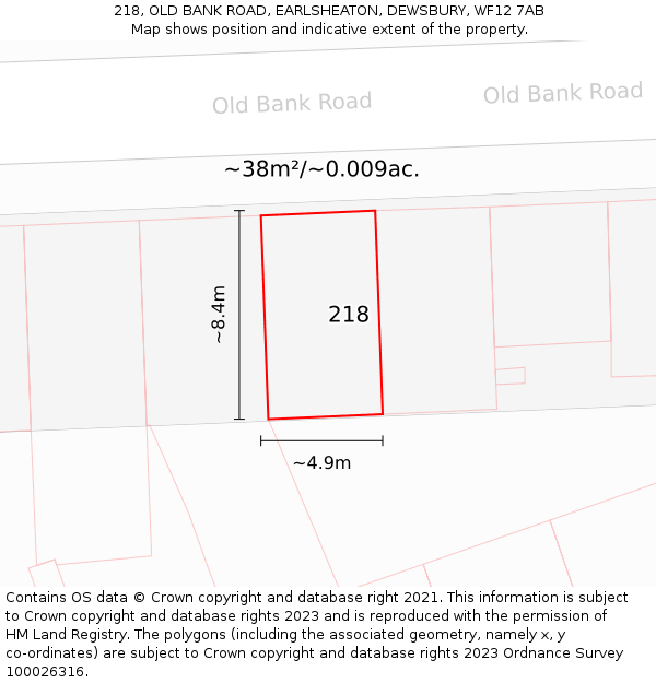 218, OLD BANK ROAD, EARLSHEATON, DEWSBURY, WF12 7AB: Plot and title map