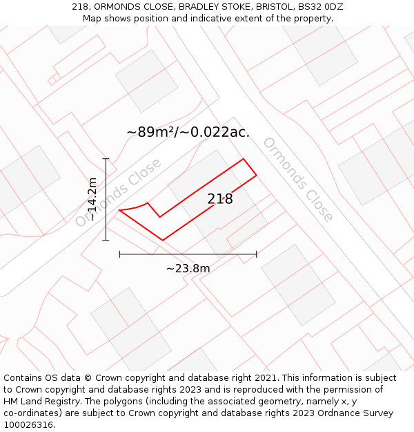 218, ORMONDS CLOSE, BRADLEY STOKE, BRISTOL, BS32 0DZ: Plot and title map