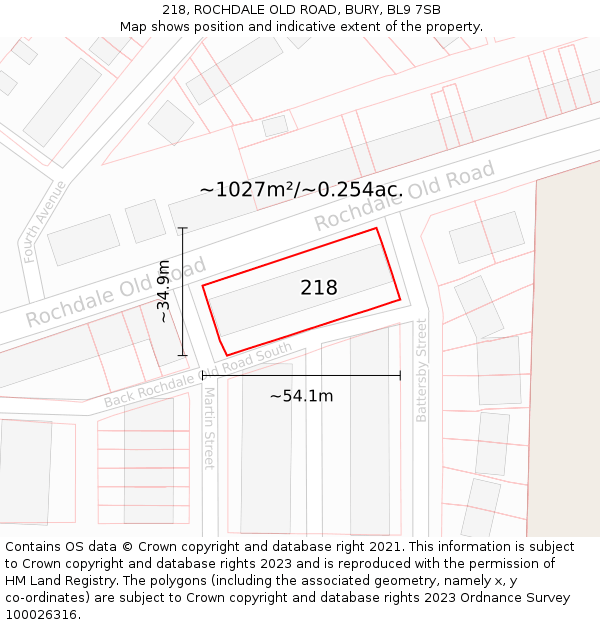 218, ROCHDALE OLD ROAD, BURY, BL9 7SB: Plot and title map