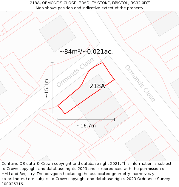 218A, ORMONDS CLOSE, BRADLEY STOKE, BRISTOL, BS32 0DZ: Plot and title map