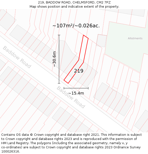 219, BADDOW ROAD, CHELMSFORD, CM2 7PZ: Plot and title map