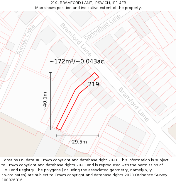 219, BRAMFORD LANE, IPSWICH, IP1 4ER: Plot and title map