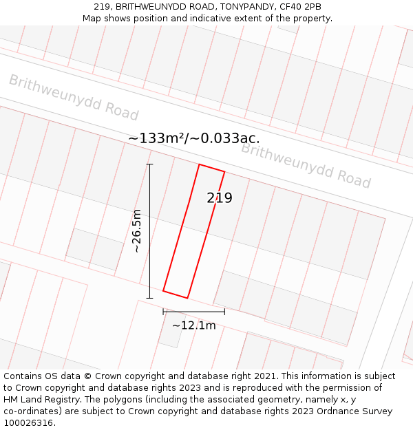 219, BRITHWEUNYDD ROAD, TONYPANDY, CF40 2PB: Plot and title map