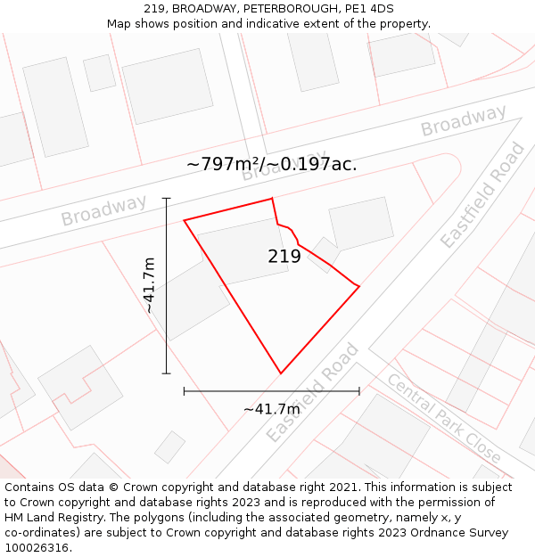 219, BROADWAY, PETERBOROUGH, PE1 4DS: Plot and title map