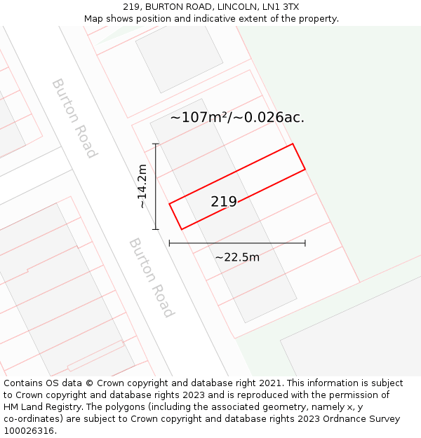 219, BURTON ROAD, LINCOLN, LN1 3TX: Plot and title map