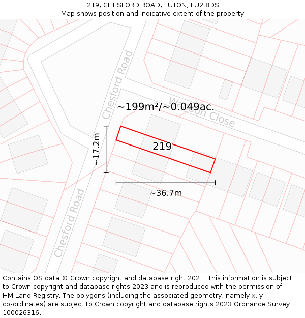 219, CHESFORD ROAD, LUTON, LU2 8DS: Plot and title map