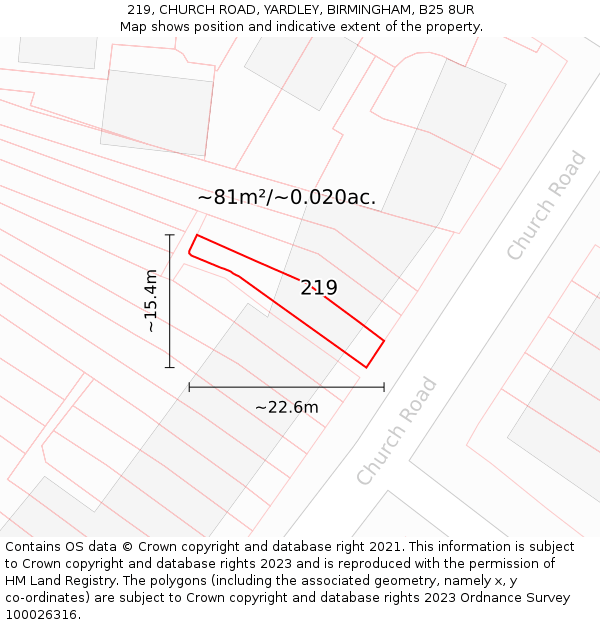 219, CHURCH ROAD, YARDLEY, BIRMINGHAM, B25 8UR: Plot and title map
