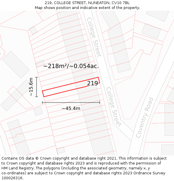 219, COLLEGE STREET, NUNEATON, CV10 7BL: Plot and title map