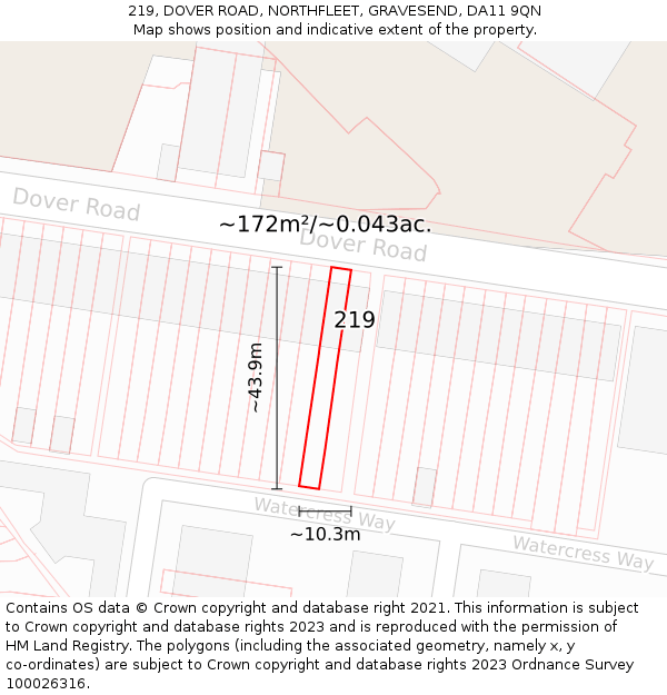 219, DOVER ROAD, NORTHFLEET, GRAVESEND, DA11 9QN: Plot and title map