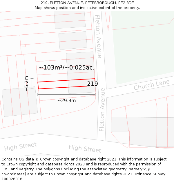 219, FLETTON AVENUE, PETERBOROUGH, PE2 8DE: Plot and title map