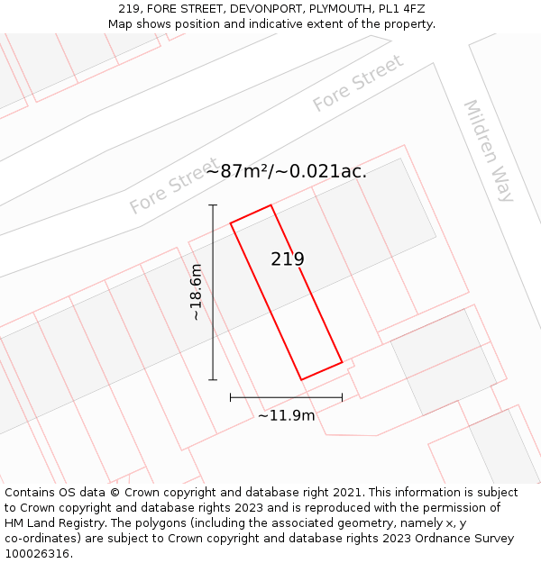 219, FORE STREET, DEVONPORT, PLYMOUTH, PL1 4FZ: Plot and title map
