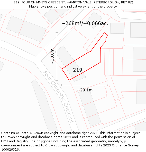 219, FOUR CHIMNEYS CRESCENT, HAMPTON VALE, PETERBOROUGH, PE7 8JQ: Plot and title map