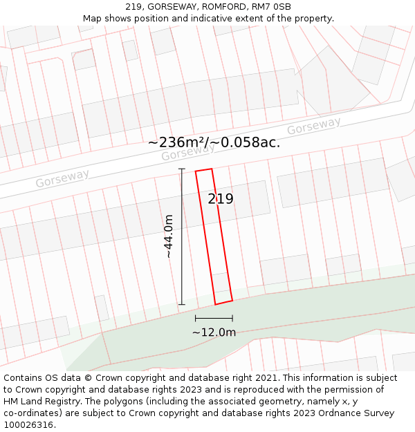 219, GORSEWAY, ROMFORD, RM7 0SB: Plot and title map