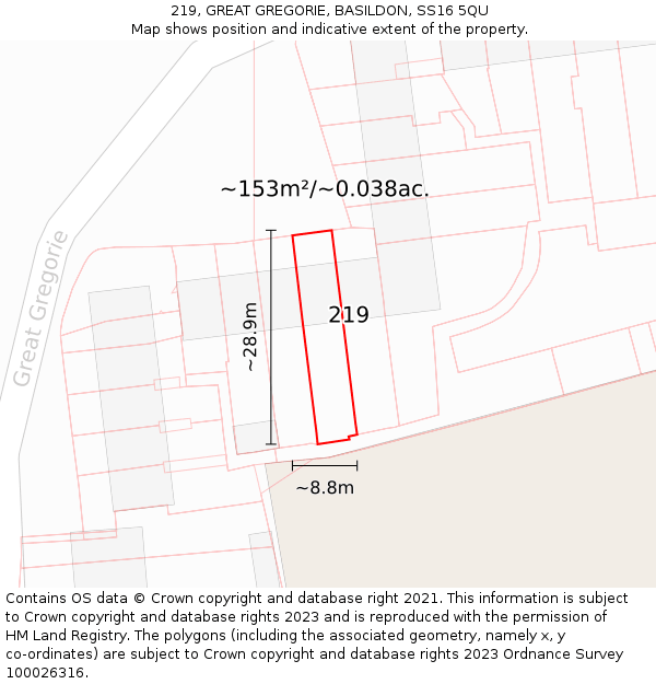 219, GREAT GREGORIE, BASILDON, SS16 5QU: Plot and title map