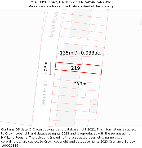 219, LEIGH ROAD, HINDLEY GREEN, WIGAN, WN2 4XG: Plot and title map
