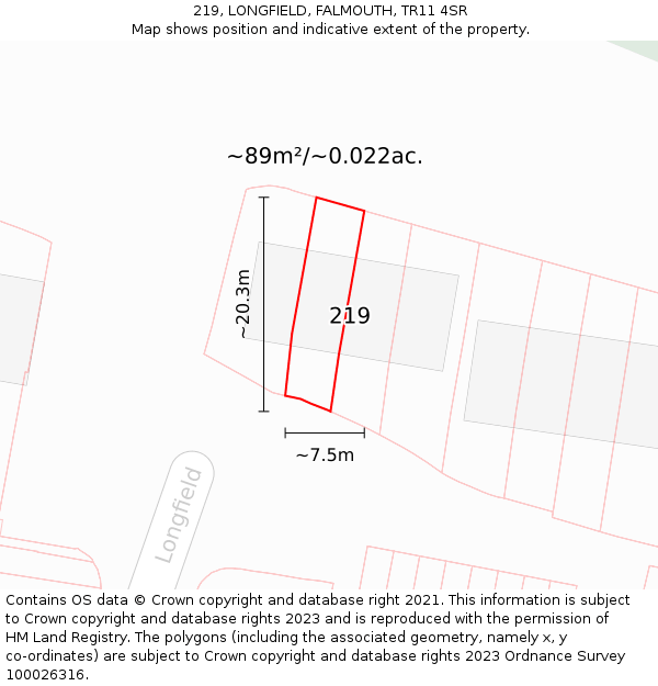 219, LONGFIELD, FALMOUTH, TR11 4SR: Plot and title map