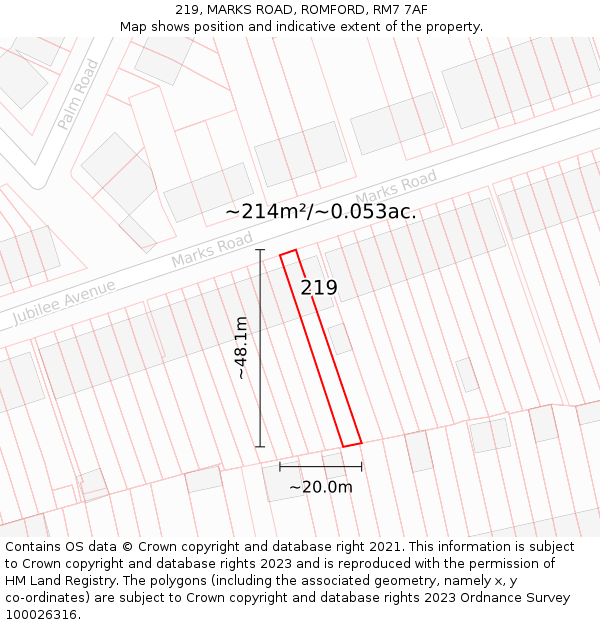 219, MARKS ROAD, ROMFORD, RM7 7AF: Plot and title map