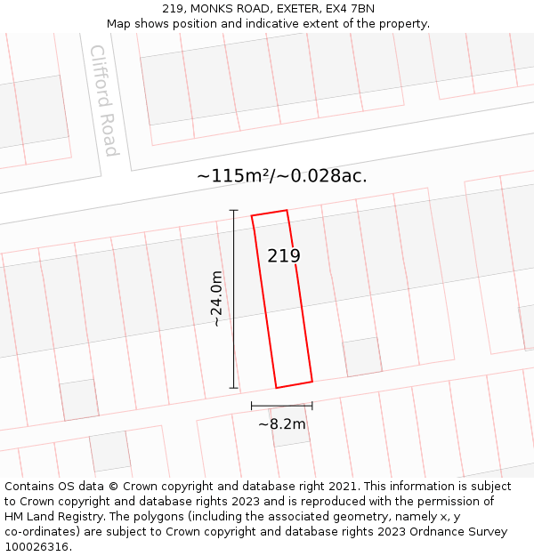 219, MONKS ROAD, EXETER, EX4 7BN: Plot and title map