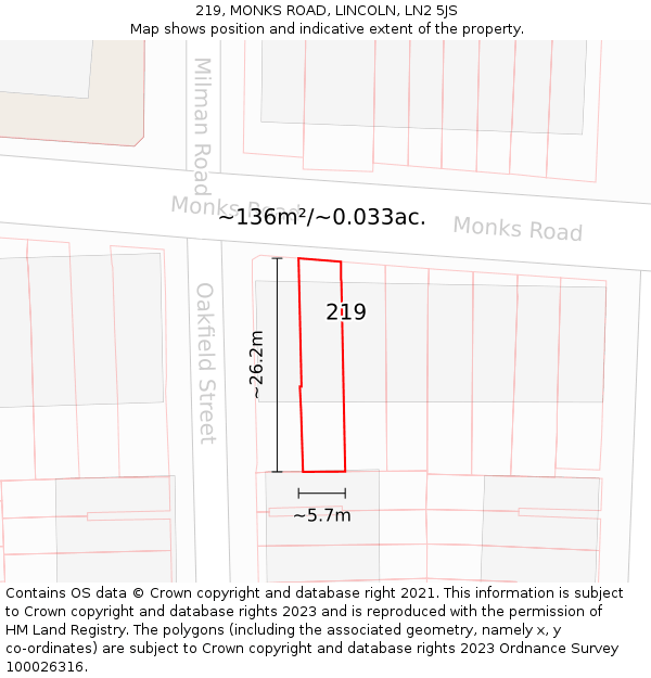 219, MONKS ROAD, LINCOLN, LN2 5JS: Plot and title map