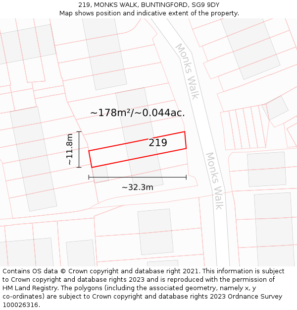 219, MONKS WALK, BUNTINGFORD, SG9 9DY: Plot and title map