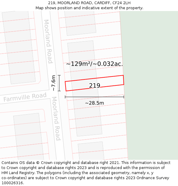 219, MOORLAND ROAD, CARDIFF, CF24 2LH: Plot and title map