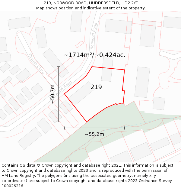 219, NORWOOD ROAD, HUDDERSFIELD, HD2 2YF: Plot and title map