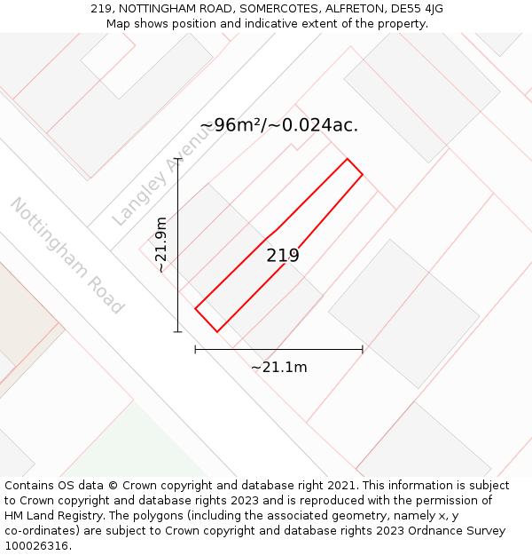 219, NOTTINGHAM ROAD, SOMERCOTES, ALFRETON, DE55 4JG: Plot and title map
