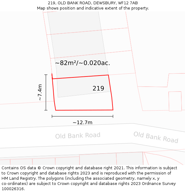 219, OLD BANK ROAD, DEWSBURY, WF12 7AB: Plot and title map