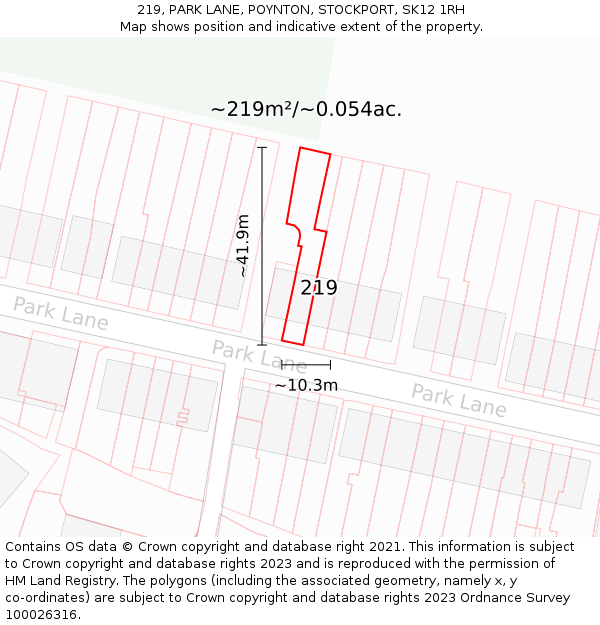219, PARK LANE, POYNTON, STOCKPORT, SK12 1RH: Plot and title map