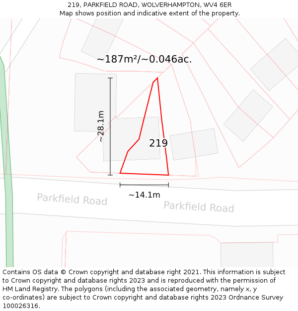 219, PARKFIELD ROAD, WOLVERHAMPTON, WV4 6ER: Plot and title map