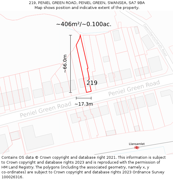 219, PENIEL GREEN ROAD, PENIEL GREEN, SWANSEA, SA7 9BA: Plot and title map