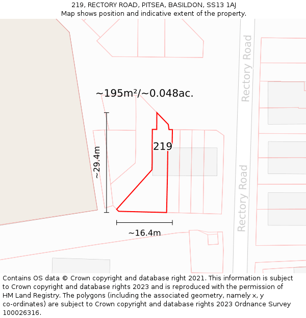 219, RECTORY ROAD, PITSEA, BASILDON, SS13 1AJ: Plot and title map