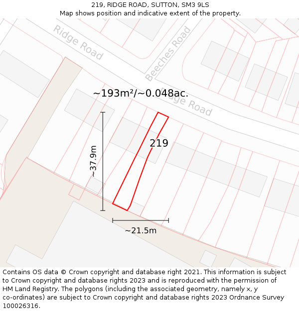 219, RIDGE ROAD, SUTTON, SM3 9LS: Plot and title map