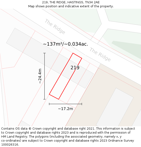 219, THE RIDGE, HASTINGS, TN34 2AE: Plot and title map