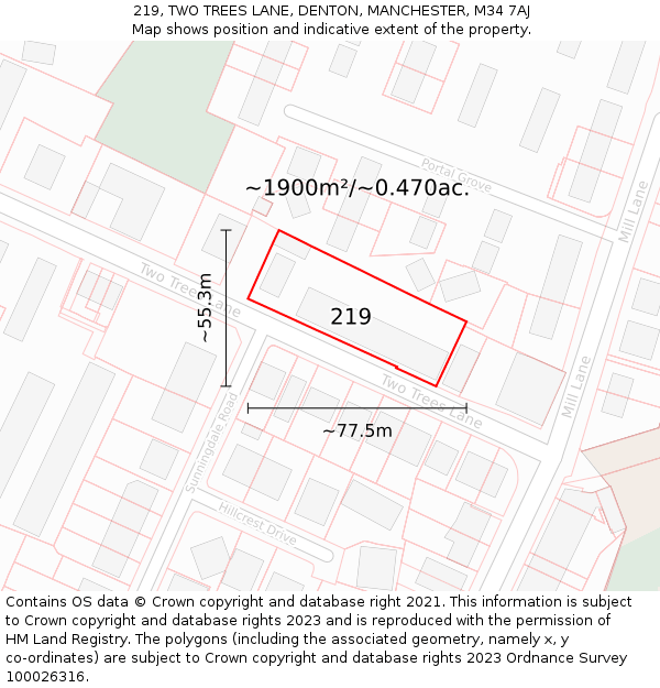 219, TWO TREES LANE, DENTON, MANCHESTER, M34 7AJ: Plot and title map