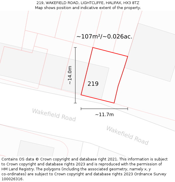219, WAKEFIELD ROAD, LIGHTCLIFFE, HALIFAX, HX3 8TZ: Plot and title map
