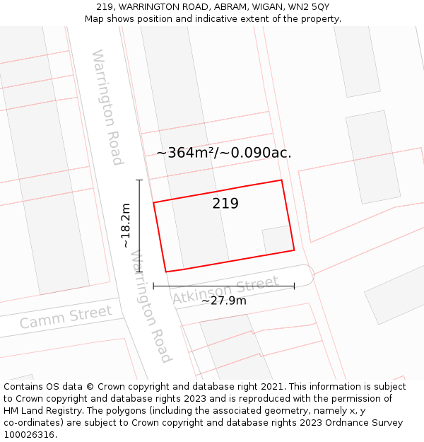 219, WARRINGTON ROAD, ABRAM, WIGAN, WN2 5QY: Plot and title map