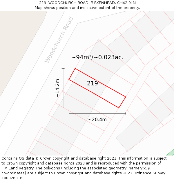 219, WOODCHURCH ROAD, BIRKENHEAD, CH42 9LN: Plot and title map