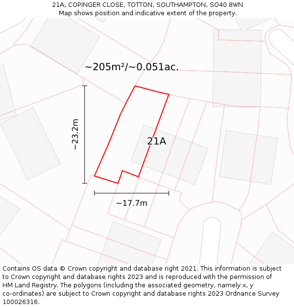 21A, COPINGER CLOSE, TOTTON, SOUTHAMPTON, SO40 8WN: Plot and title map
