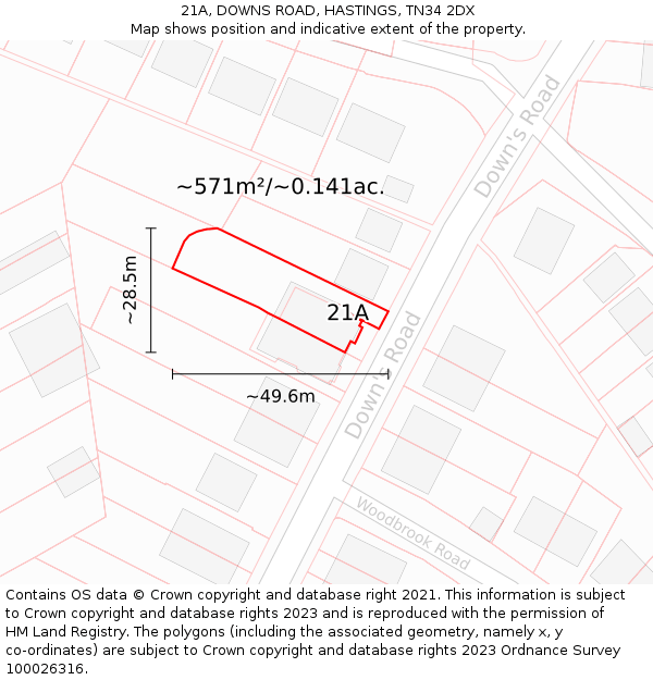 21A, DOWNS ROAD, HASTINGS, TN34 2DX: Plot and title map