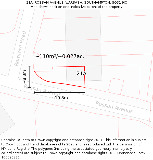 21A, ROSSAN AVENUE, WARSASH, SOUTHAMPTON, SO31 9JQ: Plot and title map