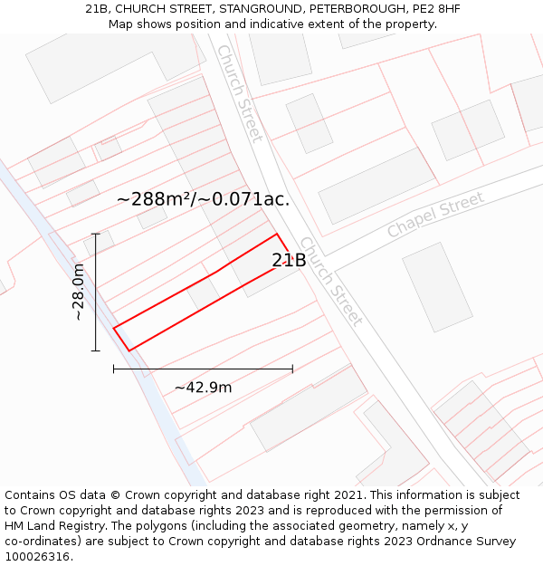 21B, CHURCH STREET, STANGROUND, PETERBOROUGH, PE2 8HF: Plot and title map