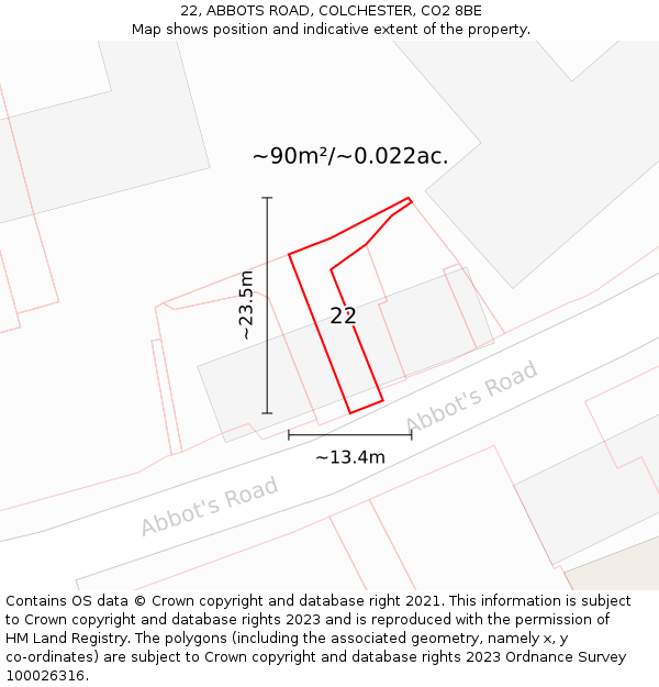 22, ABBOTS ROAD, COLCHESTER, CO2 8BE: Plot and title map