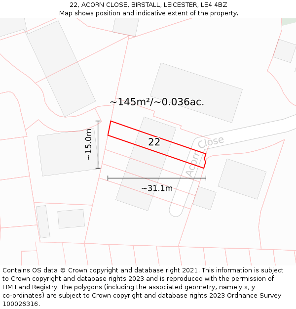 22, ACORN CLOSE, BIRSTALL, LEICESTER, LE4 4BZ: Plot and title map