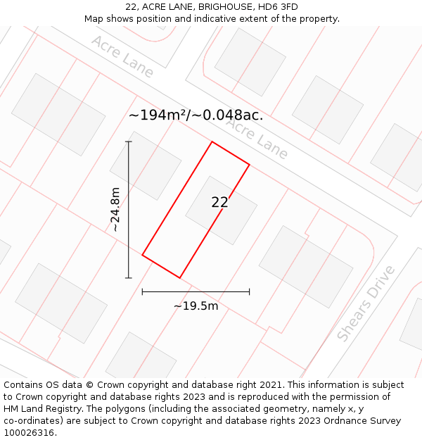 22, ACRE LANE, BRIGHOUSE, HD6 3FD: Plot and title map