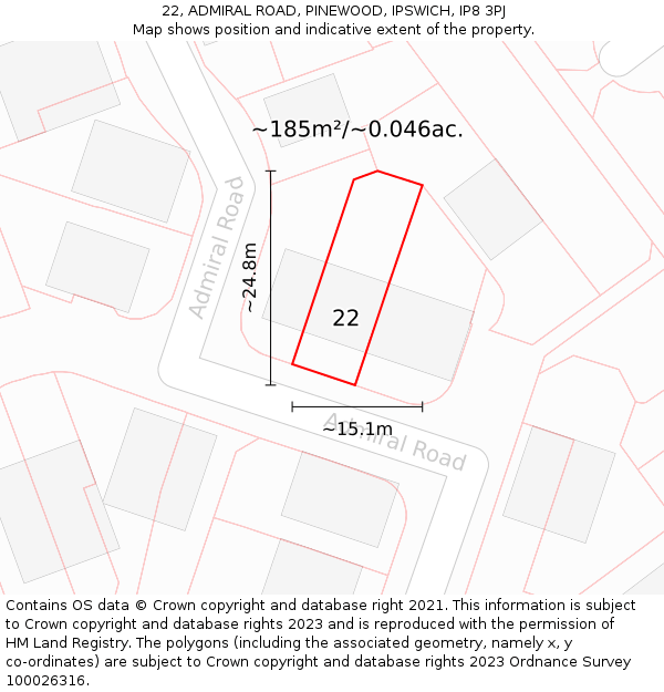 22, ADMIRAL ROAD, PINEWOOD, IPSWICH, IP8 3PJ: Plot and title map