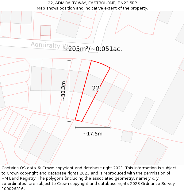 22, ADMIRALTY WAY, EASTBOURNE, BN23 5PP: Plot and title map