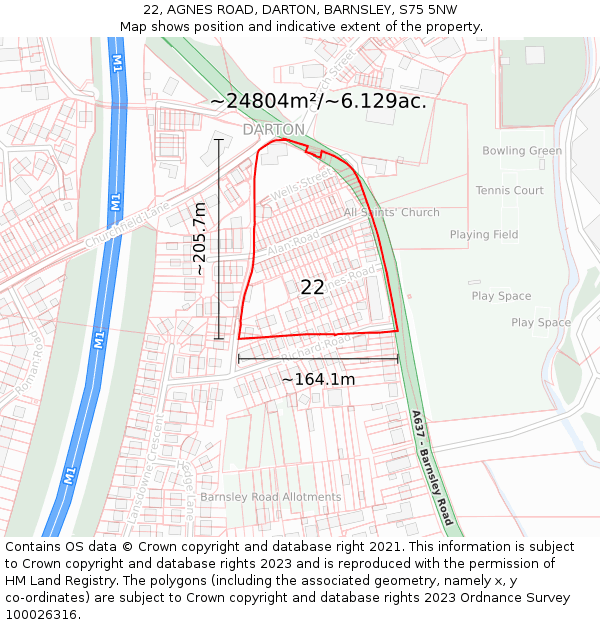 22, AGNES ROAD, DARTON, BARNSLEY, S75 5NW: Plot and title map
