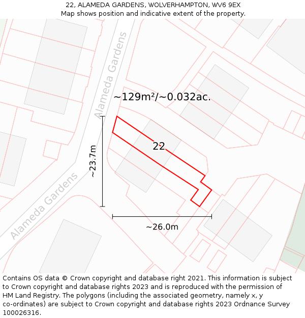 22, ALAMEDA GARDENS, WOLVERHAMPTON, WV6 9EX: Plot and title map