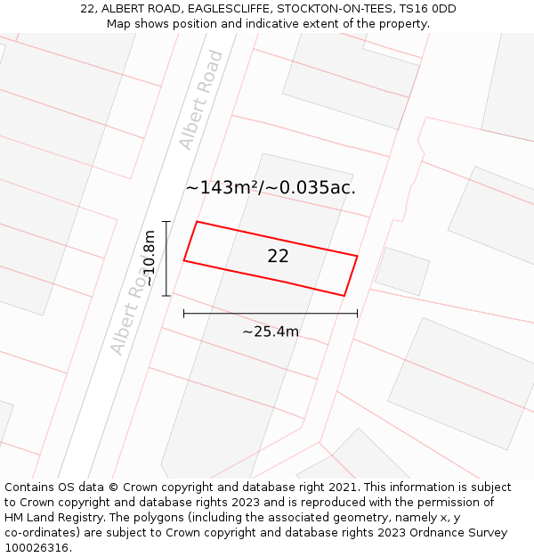 22, ALBERT ROAD, EAGLESCLIFFE, STOCKTON-ON-TEES, TS16 0DD: Plot and title map